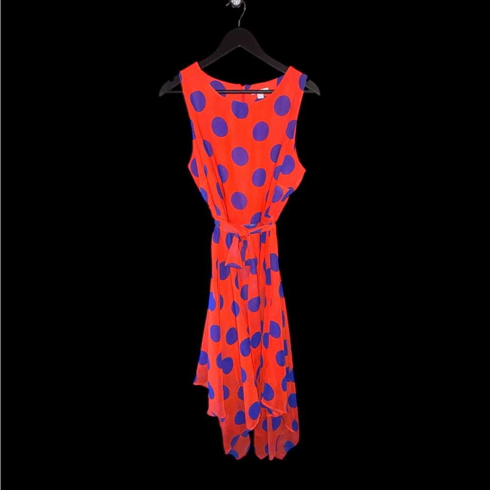 Chic Asymmetrical Red and Blue Polka Dot Dress